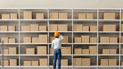 Man in Hard Hat Checking Empty Shelves in Warehouse for Stock Management