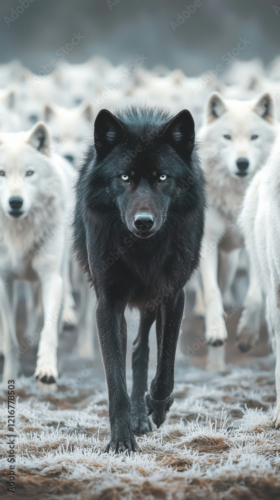 Obraz premium black wolf leads pack of white wolves in snowy landscape, showcasing strength and unity