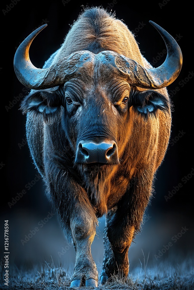A photorealistic image of an African buffalo walking through the savanna. Its powerful horns, massive body, and determined gaze convey the strength and majesty of this wild animal. A photorealistic image of an African buffalo walking through the savanna. Its powerful horns, massive body, and determined gaze convey the strength and majesty of this wild animal.