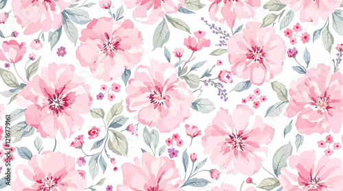 Seamless pattern with Pink flowers painted in watercolor style on a white background, elegant floral design
