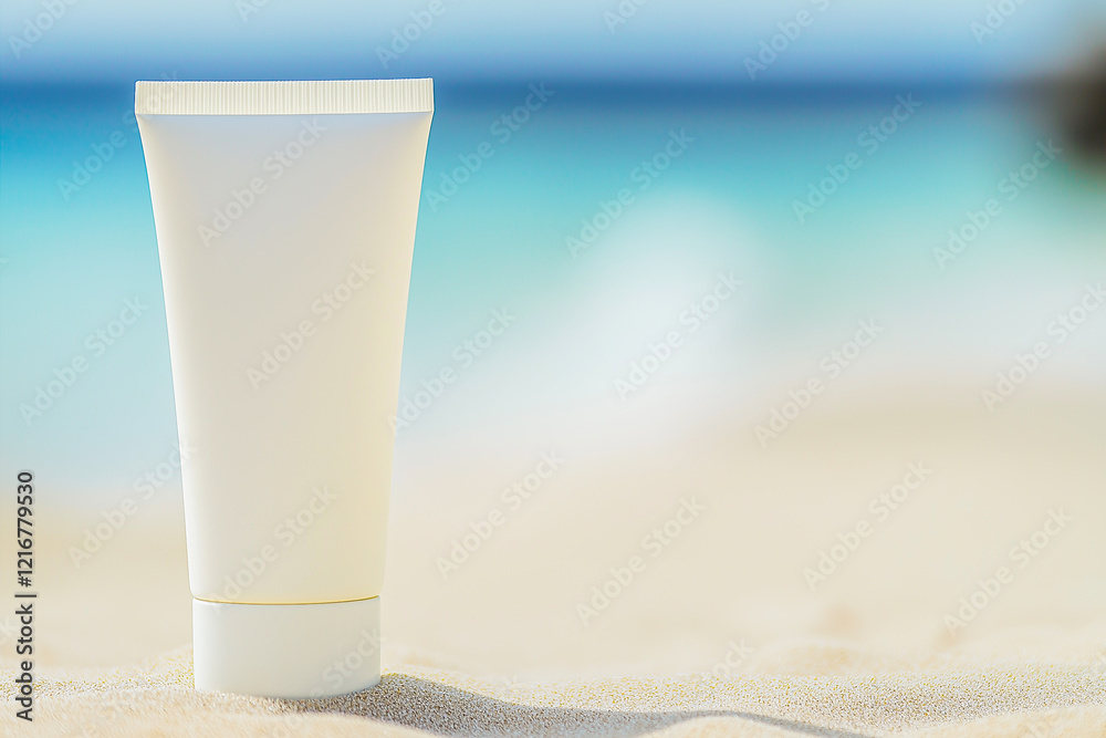 A tube of cream on the sand of a beautiful beach. Promotional photo of a cosmetic product. A tube of cream on the sand of a beautiful beach. Promotional photo of a cosmetic product.
