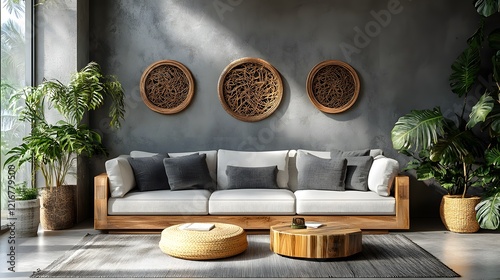 Elegant and Contemporary Grey Living Room with Nautical Decor and Unique Wall Finish for Stylish Banners photo