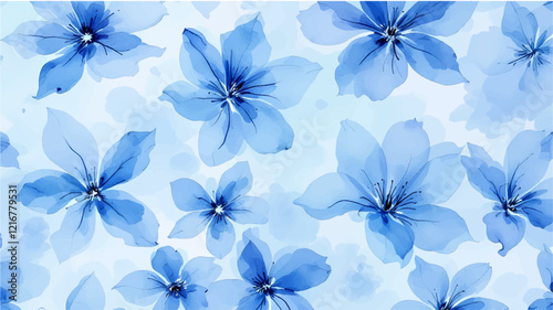 Seamless pattern with blue flowers painted in watercolor style on a white background, elegant floral design