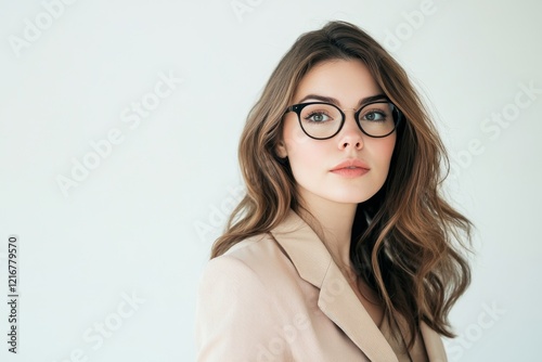 Photo of pretty businesslike woman wearing eyeglasses standing in the office, isolated over white background, Generative AI