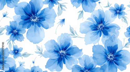 Wallpaper Mural Seamless pattern with blue flowers painted in watercolor style on a white background, elegant floral design Torontodigital.ca