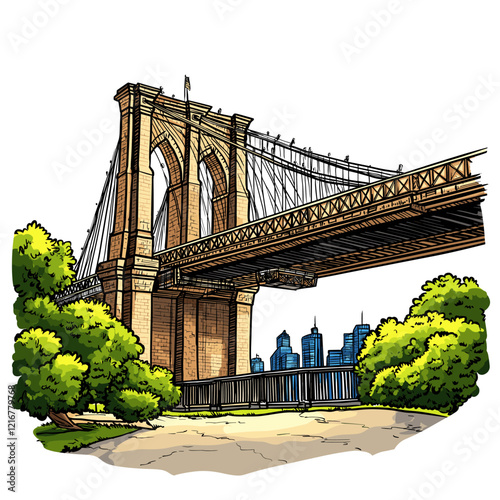 Brooklyn bridge in New York. Vector comic hand-drawn illustration of Brooklyn bridge