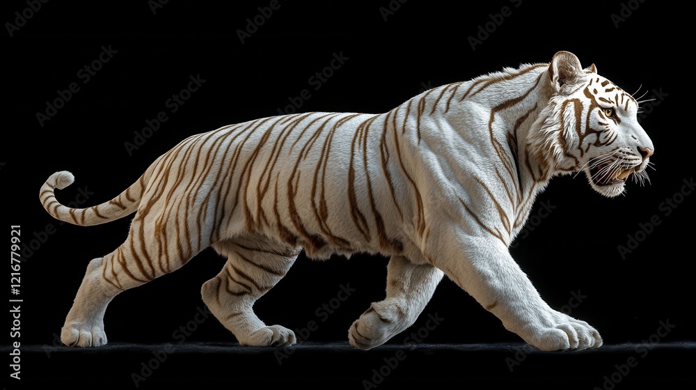 Fototapeta premium Powerful white tiger in motion, isolated on black background