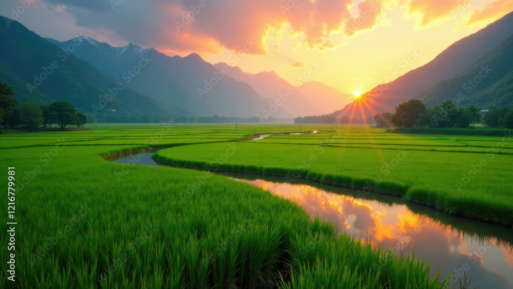 Obraz premium Serene Sunset Over Lush Green Rice Paddies and Majestic Mountains