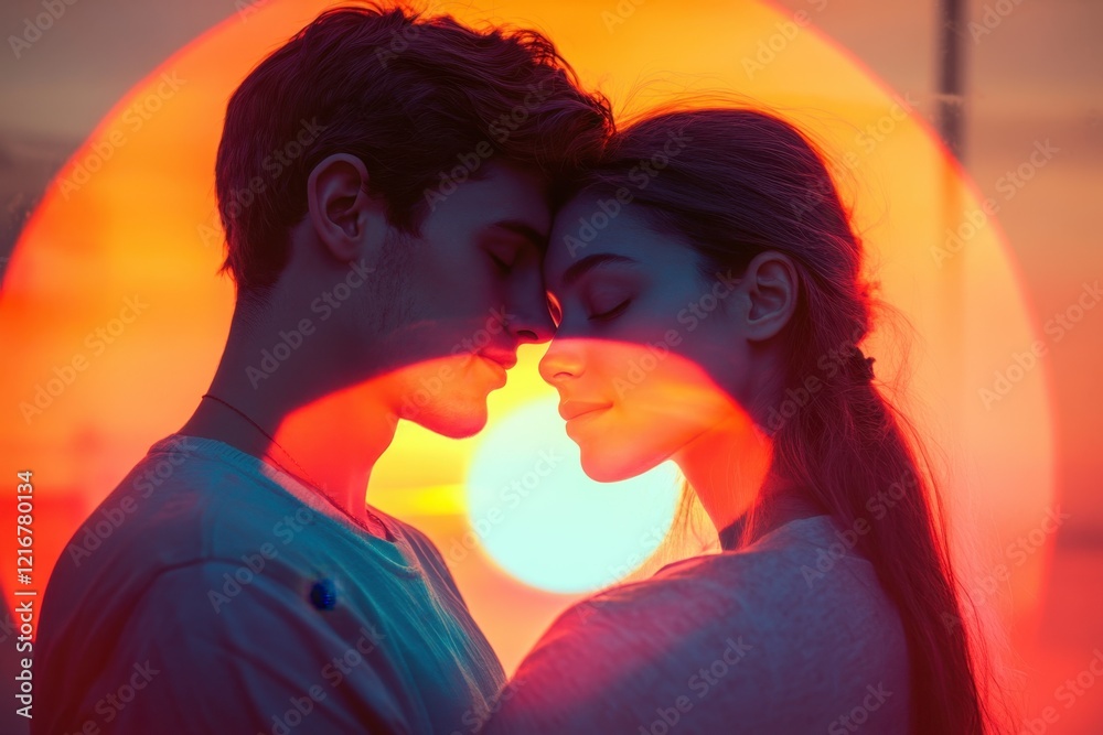 Couple embraces with sunset glow creating a romantic silhouette in the background Couple embraces with sunset glow creating a romantic silhouette in the background