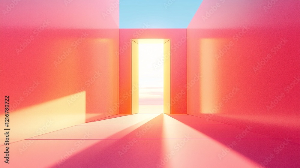 Fototapeta premium Open doorway illustration in soft pink hues with glowing light and serene horizon in a minimalist design