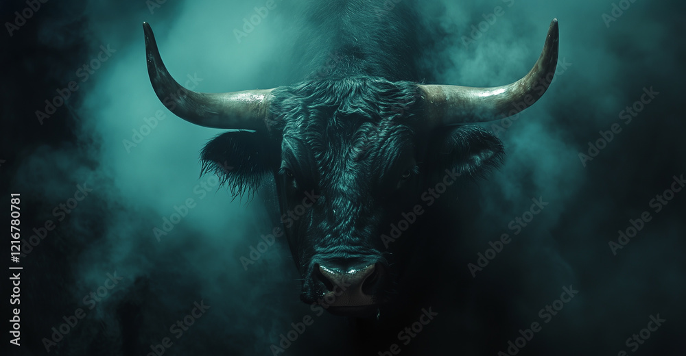 Obraz premium Dramatic Portrait of a Strong Bull Emerging Through Smoky Atmosphere