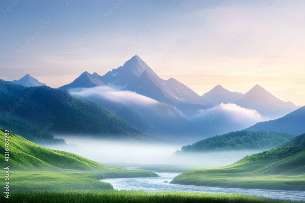 Fototapeta premium Majestic mountain range at sunrise with serene mist and vibrant landscapes creating a picturesque morning atmosphere. Generative AI