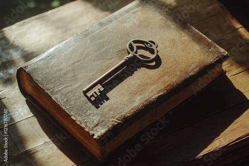 Vintage key rests on an old leather book, capturing a moment of nostalgia and history photo