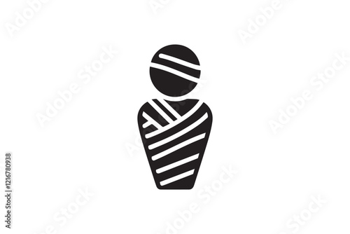 simple and subtle vector silhouette of mummy in black and white, set against a white background. 