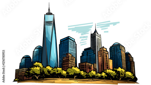 Vector comic hand-drawn illustration of One World Trade Center. One World Trade Center in New York