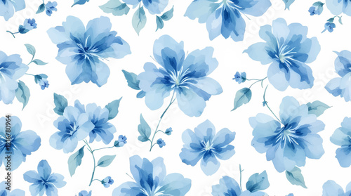 Seamless pattern with blue flowers painted in watercolor style on a white background, elegant floral design	