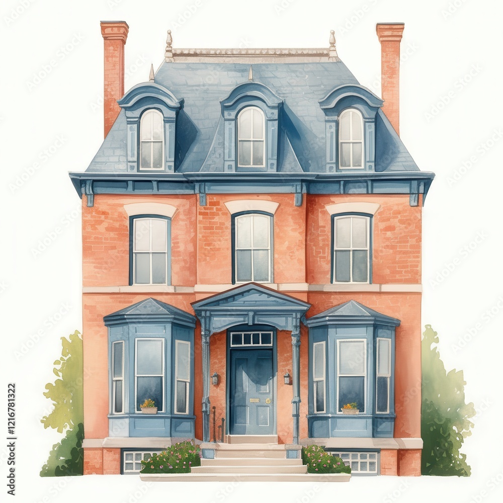 Obraz premium Elegant Brick Victorian House with Blue Accents Watercolor Illustration