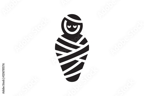 simple and subtle vector silhouette of mummy in black and white, set against a white background. 