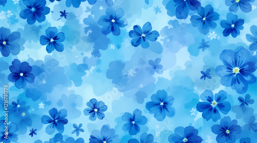 Seamless pattern with blue flowers painted in watercolor style on a white background, elegant floral design	