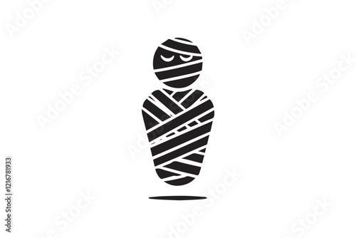 simple and subtle vector silhouette of mummy in black and white, set against a white background. 