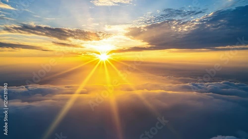 Breathtaking Sunrise Above Soft Clouds with Golden Rays Spreading Across Sky