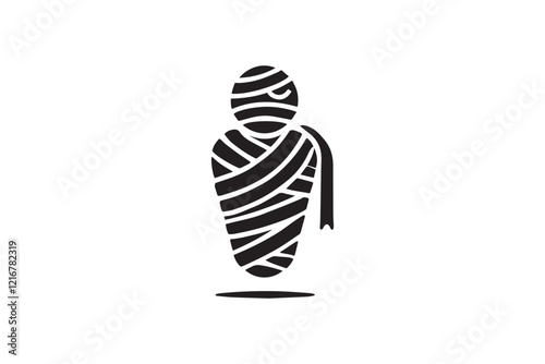 simple and subtle vector silhouette of mummy in black and white, set against a white background. 