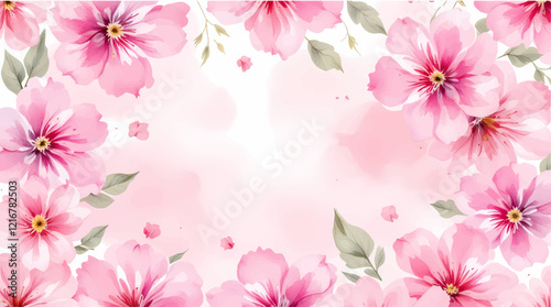 Seamless pattern with pink flowers painted in watercolor style on a white background, elegant floral design	