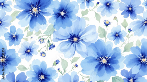 Seamless pattern with blue flowers painted in watercolor style on a white background, elegant floral design	