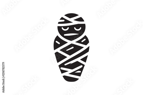 simple and subtle vector silhouette of mummy in black and white, set against a white background. 