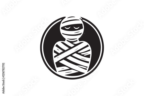 simple and subtle vector silhouette of mummy in black and white, set against a white background. 