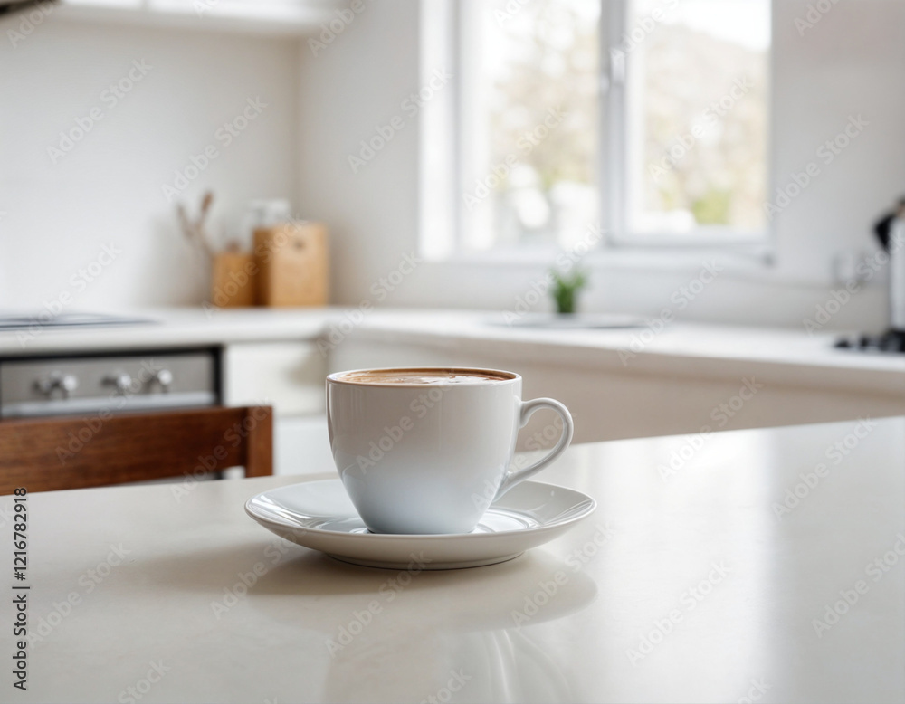 White cup of coffee on white kitchen table over blured kitchen interior background White cup of coffee on white kitchen table over blured kitchen interior background