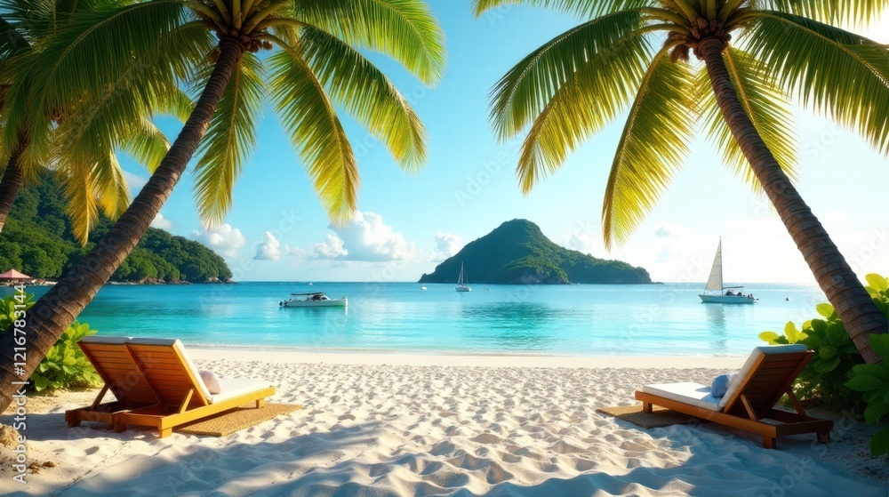 Serene tropical beach paradise scene with tranquil turquoise water, swaying palm trees, and inviting lounge chairs, offering a perfect escape from everyday life. Serene tropical beach paradise scene with tranquil turquoise water, swaying palm trees, and inviting lounge chairs, offering a perfect escape from everyday life.