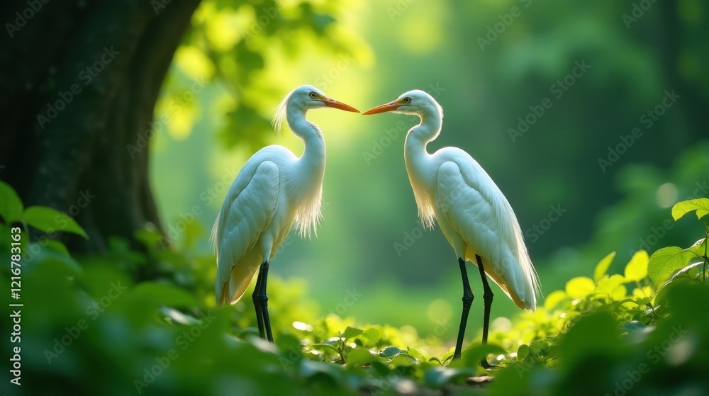 A serene encounter of two elegant white birds amidst lush green foliage, bathed in the soft glow of sunlight A serene encounter of two elegant white birds amidst lush green foliage, bathed in the soft glow of sunlight