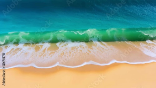 Aerial View of Turquoise Ocean Waves Lapping Against Sandy Shoreline