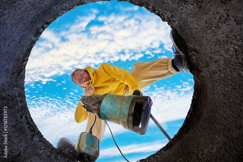 Bottom view of man immersing sewage pump into septic tank.