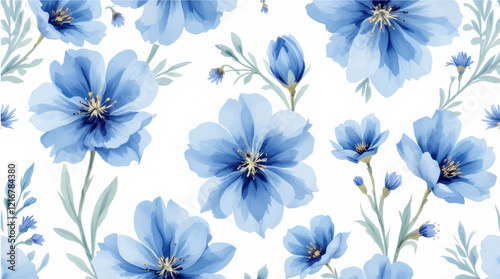 Seamless pattern with blue flowers painted in watercolor style on a white background, elegant floral design	