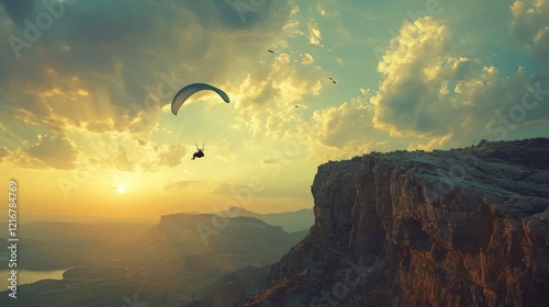 Paraglider soaring above a stunning landscape at sunset with golden clouds photo