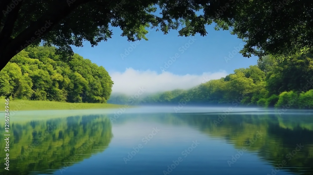 Fototapeta premium A serene lake surrounded by lush greenery and mist, reflecting the blue sky and trees, creating a tranquil natural landscape.