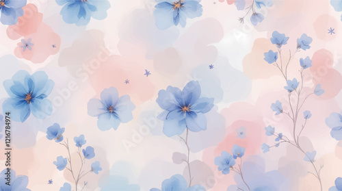 Seamless pattern with blue flowers painted in watercolor style on a white background, elegant floral design