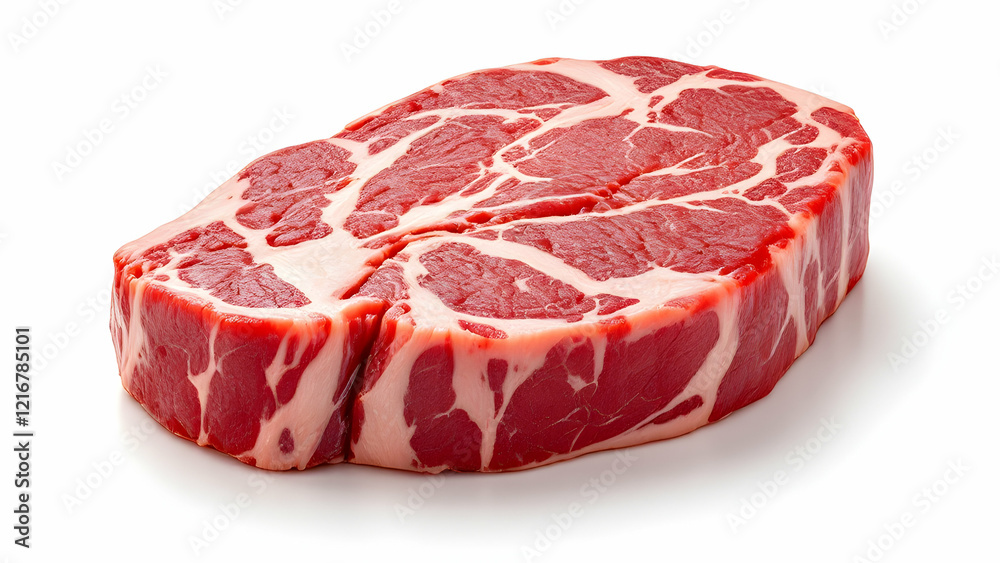 Close-up of a raw ribeye steak with marbling, garnished with fresh herbs, set on a white background. Close-up of a raw ribeye steak with marbling, garnished with fresh herbs, set on a white background.