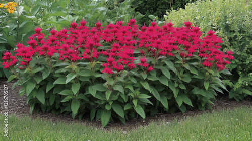 vibrant red bee balm monarda 'jacob cline' attracts pollinators to garden borders and mulched beds with dense clusters of perennial hummingbird-friendly summer flowers photo