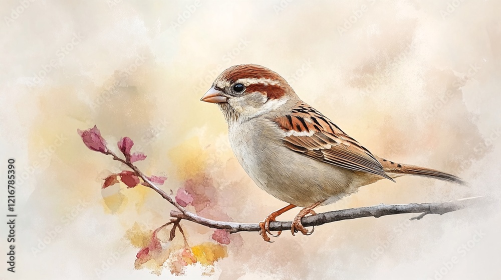 Obraz premium A watercolor painting of a sparrow perched on a branch.