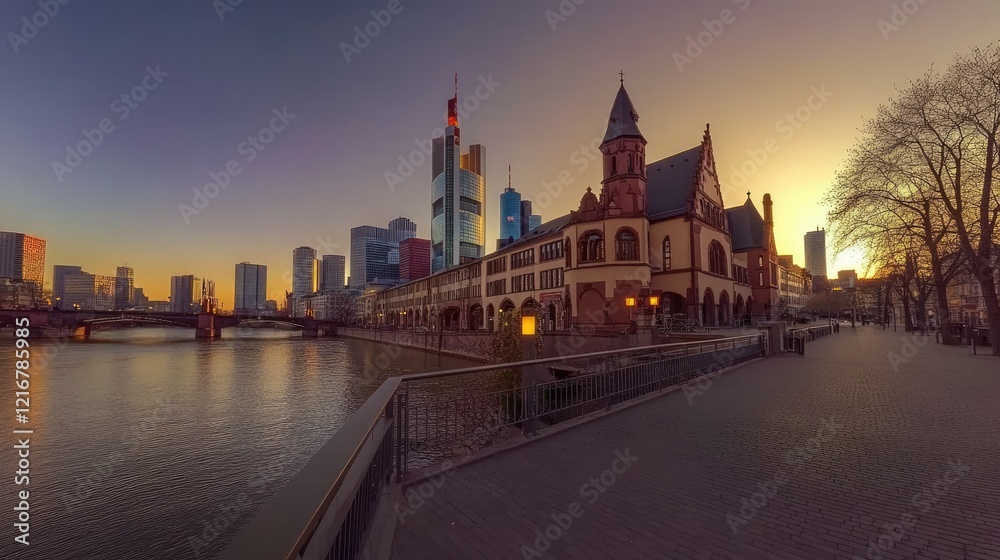 Obraz premium Frankfurt cityscape showcasing modern and historic architecture at golden hour with clear skies