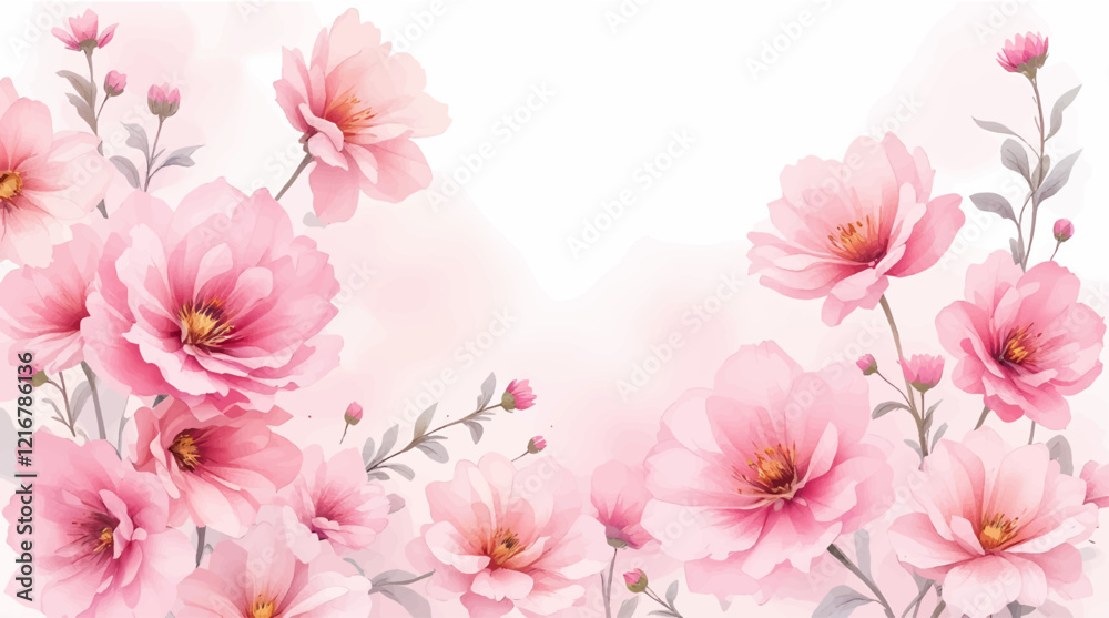 Abstract watercolor art background with pink flowers with golden line. Botanical banner with watercolor paints with transparency effect for design Abstract watercolor art background with pink flowers with golden line. Botanical banner with watercolor paints with transparency effect for design