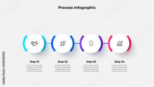 Four circular elements placed in horizontal row. Concept of 4 steps to process infographic. Modern vector illustration for business presentation