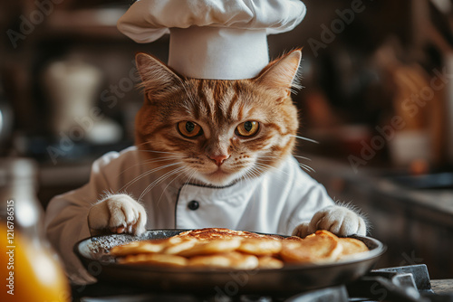 Charming ginger cat dressed as a chef, preparing pancakes with precision in a rustic kitchen, surrounded by culinary tools. photo