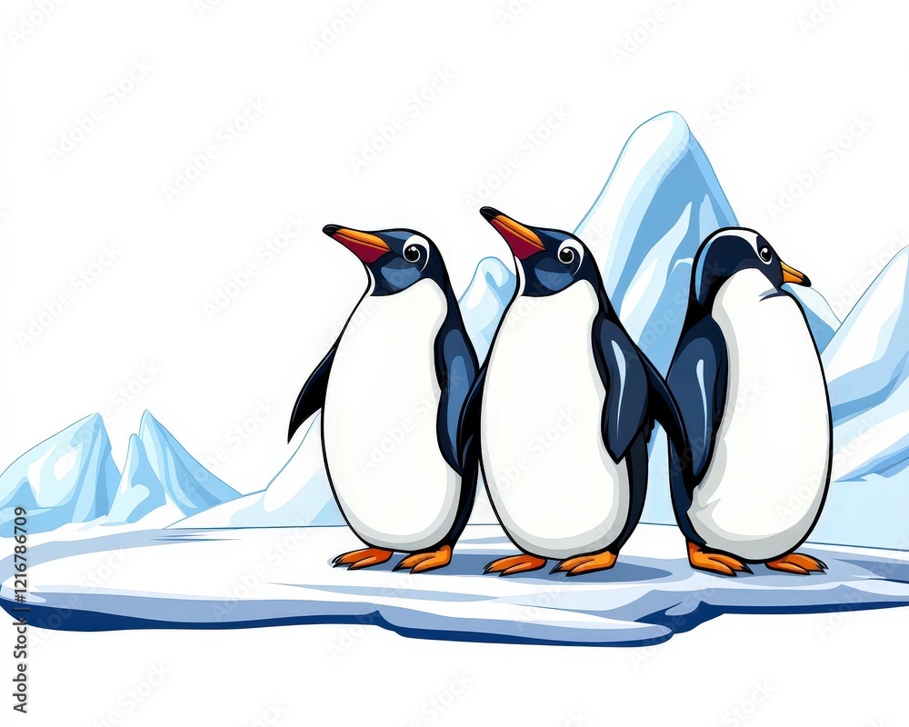 Obraz premium Colorful Cartoon Penguins on Ice with Mountains in Background
