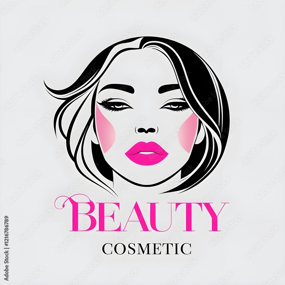 Chic cosmetic logo with a minimalist line art drawing of a woman’s face in profile, showcasing side-parted hair, bright fuchsia lips, and dramatic lashes. The design uses modern, elegant typography Chic cosmetic logo with a minimalist line art drawing of a woman’s face in profile, showcasing side-parted hair, bright fuchsia lips, and dramatic lashes. The design uses modern, elegant typography