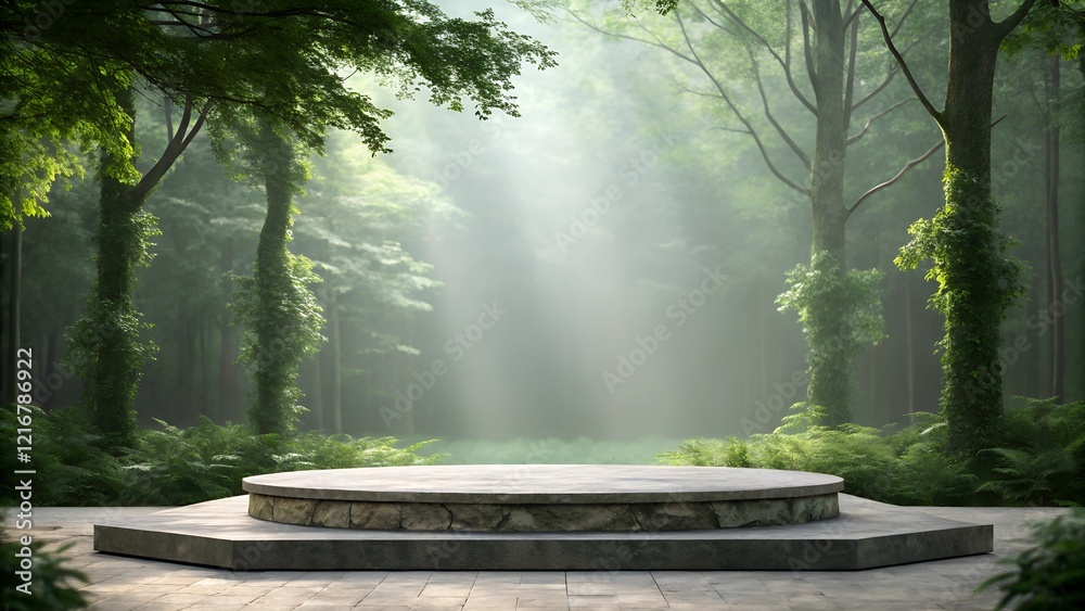 Circular stone podium in a misty green forest with sunlight streaming through trees. Ideal for showcasing products, natural themes, or eco-friendly branding. Circular stone podium in a misty green forest with sunlight streaming through trees. Ideal for showcasing products, natural themes, or eco-friendly branding.