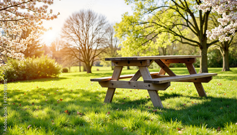 Picnic table in a green park, trees in full bloom under a sunny sky Picnic table in a green park, trees in full bloom under a sunny sky